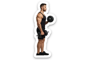 uomo fitness di profilo a figura intera con manubrio da palestra in mano, iperrealistico 4k sticker