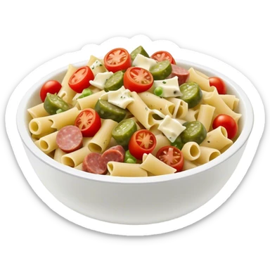 Pasta salad with chopped sausage, chopped gherkins, chopped cocktail tomatoes and mayonnaise  sticker