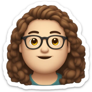 Chubby, non binary, round glasses, attached long brown hair, beard, sleepy smiling hug sticker