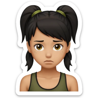 a tan girl with a black ponytail, black tank top, . Looking sad sticker