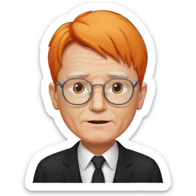 old man, orange hair, no mustache, wearing glasses, long face, wearing a black suit sticker