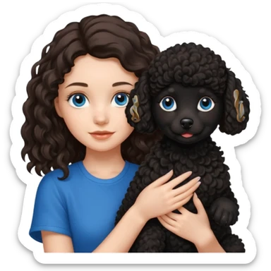 Brunette girl with long wavy hair and blue eyes holding one black puppy poodle with black fur and brown eyes. No decoration on the dog.  sticker