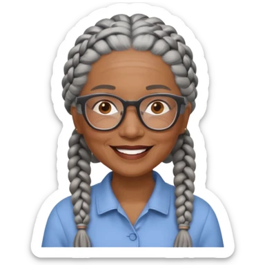 Older woman of color with gray braids, glasses and smiling sticker