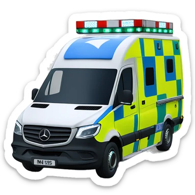 British NHS Mercedes sprinter ambulance, yellow body, with green and yellow checkerboard print strip along the bottom. NHS blue and white logo on the side. Blue flashing lights.  sticker