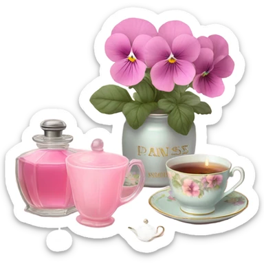 A cozy aesthetic: a pink candle in a glass jar, pastel pink pansies, a vintage perfume bottle, and a cup of steaming tea. sticker