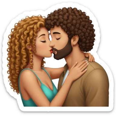 Curly haired girl kissing straight hair man with beard, romantic couple kiss sticker