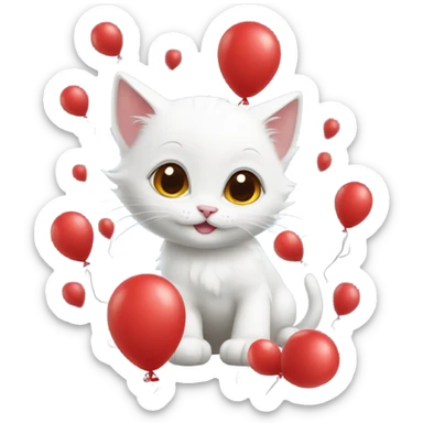 small white kitten and red balloons sticker