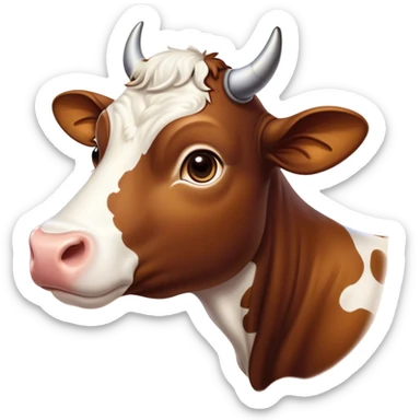 Cinematic Noble Brown and White Cow Portrait Emoji, Poised and regal, with a large, sturdy build and a beautifully patterned hide of rich brown accented by crisp white patches, deep-set soulful brown eyes, Simplified yet sharp and sophisticated features, highly detailed, glowing with a soft, dignified glow, high shine, intelligent and calm, stylized with an air of pastoral majesty, focused and attentive, soft glowing outline, capturing the essence of a watchful and confident bovine guardian, so majestic it feels as though it could amble out of the screen with effortless authority! sticker
