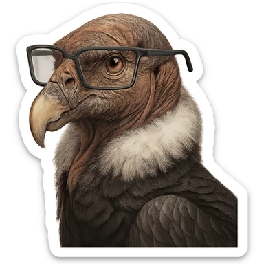 a condor with smart glasses, looking wise and alert, detailed and expressive sticker