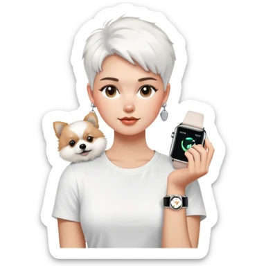 A woman with a base-shaped face and a very short haircut, wearing a white T-shirt, large stylish silver earrings, and an Apple Watch, holding a fluffy white Pomeranian. sticker