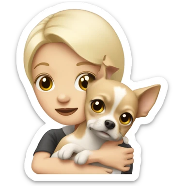 pale-haired girl with short hair hugging chihuahua sticker