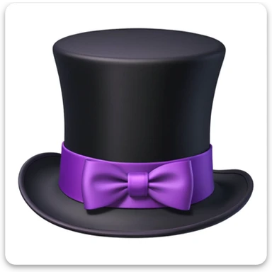 3D apple-style emoji of a tall vintage black top hat with a wide brim and a bright purple ribbon, smooth slightly glossy surface, simplified shapes, cartoon-like look, soft shadows, white background sticker