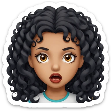 girl with long black curls and brown eyes, brown skin, eyelashes, siren eyes, make her mouth open and mad expression sticker