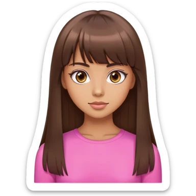 beautiful woman, tan skin, big brown eyes, straight long brown hair, bangs, model, pink top sticker