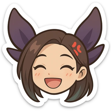 Create a chibi style emote of Kaisa from League of Legends showing a happy expression, only the head is visible. This is alternate happy expression 1 with a transparent background. sticker