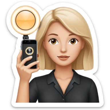 white woman holding a phone and recording with a ring light sticker