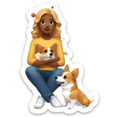 Ginger-blonde haired African American teen playing with corgi in front of Christmas tree sticker
