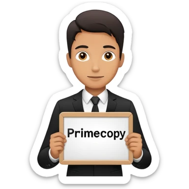 A man in a black suit holds a sign that says PrimeCopy sticker