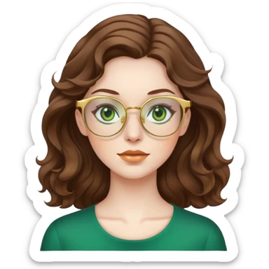 woman with pale skin, brown wavy hair, green eyes, gold glasses sticker