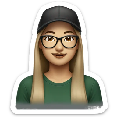 Hyper realistic, look from side, asian adult woman, light white skin, smiling with teeth, black eyes, spotted frame glasses, long light brown ombre straight hair, black T-shirt, dark green cap. sticker