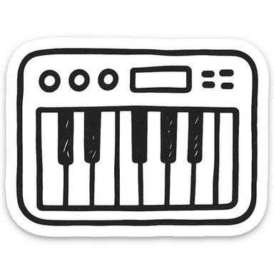 MIDI keyboard icon, hand drawn, black outlines, no fill, simple and clean, side view sticker
