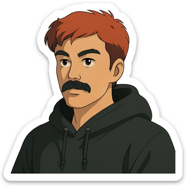 Asian man with black mustache, red hair, wearing a black hoodie, in 80's Japanese cyberpunk anime style sticker