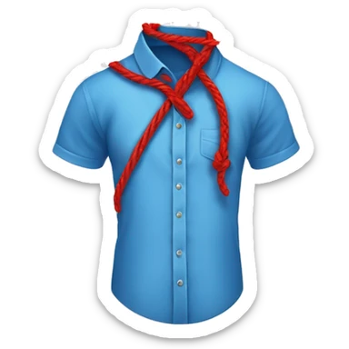 blue shirt with a red string crassed like an untied shoe lace and left dangling with the left side longer than the right sticker