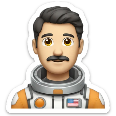 space explorer: male straight short dark hair, half body, greeting, moustache sticker