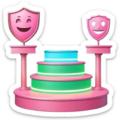 Minimalist 3D emoji-style podium with 2 steps on a green chroma key background. Step 1 (higher) features a handshake icon with blue neon glow. Step 2 (lower) features a smiling tooth with a shield icon and pink neon glow. Clean rendering, soft colors, uniform lighting. sticker
