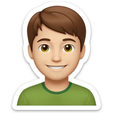 cheerful emoji character of MatPat, brown hair, green shirt, friendly expression sticker