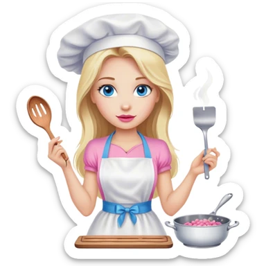 Cinematic realistic beautiful blonde with long hair, blue eyes and pink lips in a white dress cooks sticker
