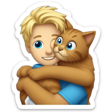 Blond Guy with blue eyes hugging big brown furry cat sticker