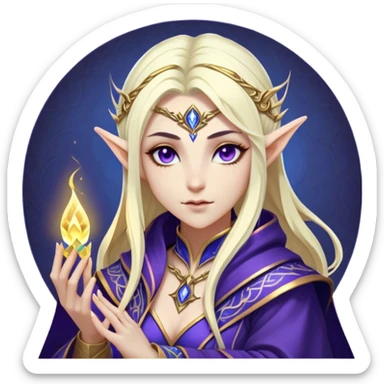Cinematic Realistic WoW Elf Mage Portrait, head tilted epicly and inquisitively, showcasing a commanding presence and graceful arcane power. Her luminous, porcelain-like skin and delicate features, framed by an intricately detailed robe in deep blues and purples with golden accents, are rendered with lifelike clarity and dramatic, mystical lighting, high shine, epic and awe-inspiring, embodying the timeless magic of an elven mage poised to reshape destiny. sticker