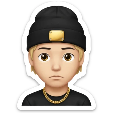 young man with black beanie, gold chain, serious face sticker