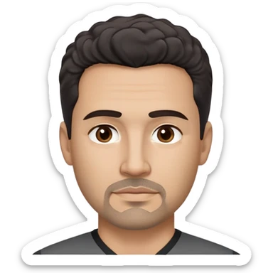 Hispanic man in his 40s with light tan skin. Square face with defined jawline. Warm dark brown eyes with calm gaze. Neutral friendly expression. Thick natural eyebrows. Black goatee with subtle gray hairs. Short curly dark hair with slight receding hairline. Wearing a black V-neck shirt. sticker