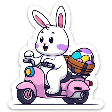 Easter bunny riding a BMW boxer motorcycle with trees and grass in the background, colorful Easter eggs hidden in the grass, and more bunnies watching from the side of the road sticker