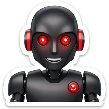 modern face of a black robot with white led eyes, red leds on robot, brave pose, smiling sticker
