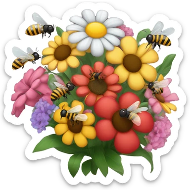 bouquet of flowers with bees flying around it sticker