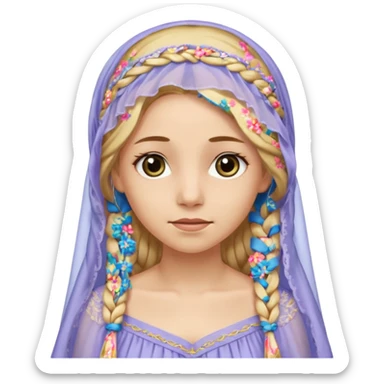 
mujer, Joven, de 25 aspecto dulce y elegante.
Piel clara, ojos grandes y expresivos, sonrisa triste.
Rubio o castaño claro, largo, con trenzas o velo.
Vestido largo cubriendole los zapatos, çde tonos suaves (blanco, azul o lavanda), con bordados dorados; toca fina cubriendo la cabeza. sticker