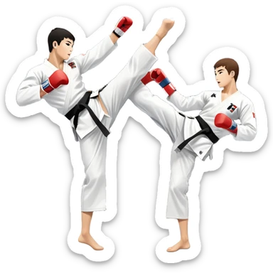 Two taekwondo fighters in traditional white doboks with black belts compete in a dynamic match. One delivers a high kick, while the other blocks using their knee. The background features a professional arena with bright lights and spectators. Transparent background. sticker