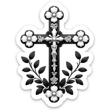 a black and white detailed cross with black and white flower sticker