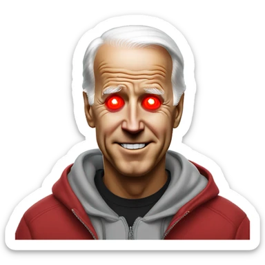 joe biden in a hoodie with bright red glowing laser eyes  sticker