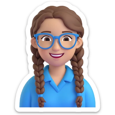 Redraw the character in a 3D Disney style with no background. Keep the brown hair in a braid, blue glasses, and a happy expression, referencing the provided image. sticker
