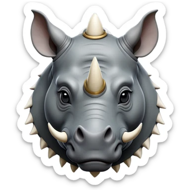 cinematic-noble--rhinoceros-portrait-emoji,slate-grey-hide--poised-and-regal,-with-a-massive,-powerful-build-and-a-thick, ivory horn, -deep-set-soulful-piercing-eyes,-simplified-yet-sharp-and-sophisticated-features,-highly-detailed,-large-black-eyes, zoomed out showing shoulders sticker