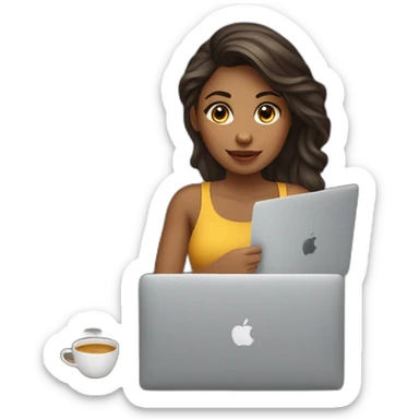 Mujer joven con cabello melena con MacBook y un cafe sticker