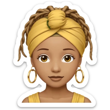 Non-portrait Jayci-vibe emoji, 1024 PNG, transparent. Headwrap (muted R-G-G), hoops, locs hint; soft smile, golden inner glow + faint heart aura. Embed: first-love, roots calm, playful grace, protective joy, consent. sticker