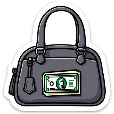 black leather handbag with dollar bill visible inside sticker
