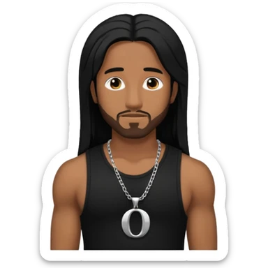 Omarion medium dark skin, long black hair, black tank top with necklace with letter o sticker