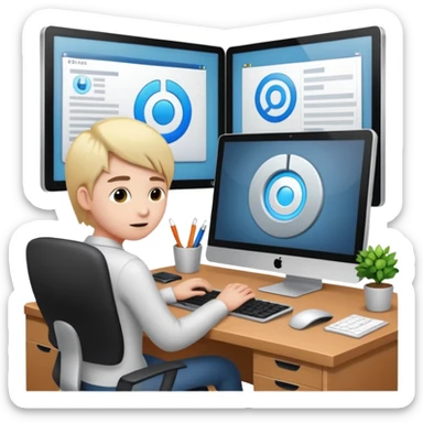 create an isometric of someone busy working on a computer, the screen should show a portal and in office environment sticker