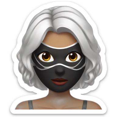 A woman with white hair and cat ears and a black mask around her eyes has white skin and a black spiderman mask on her face. sticker